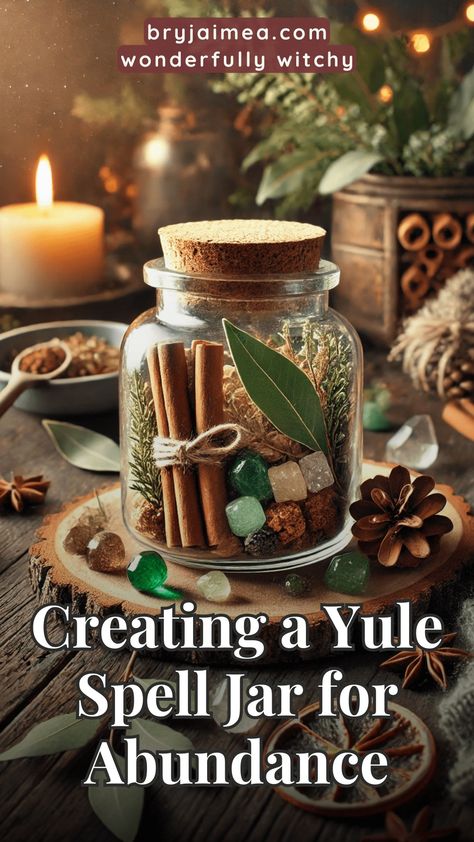 A Yule spell jar for abundance is a powerful way to manifest prosperity and blessings as you welcome the winter solstice. This guide walks you through creating your own spell jar with ingredients like cinnamon for warmth, clove for protection, and green aventurine or citrine for prosperity. By layering these elements and setting clear intentions, you’ll create a magical jar that embodies the energy of Yule and attracts abundance into your life. Spell Jar For Abundance, New Year Abundance Spell, Yule Salt Bowl, Witchy Yule Crafts, New House Spell Jar, Yule Altar In A Jar, Yule Witch Ball Diy, Yule Jar Spell, Winter Solstice Spell Jar