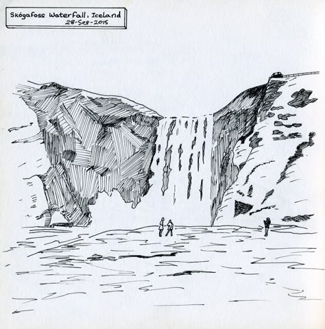 Skogafoss Waterfall in Iceland 2015 Waterfall Line Art, Waterfall Reference, Iceland Tattoo Ideas, Iceland Drawing, Drawing Waterfall, Waterfall Sketch, Iceland Tattoo, Section Drawing Architecture, Waterfall Tattoo