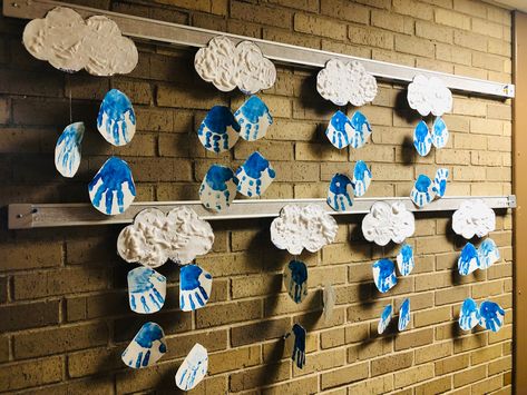 Cloud Theme Bulletin Board, Rain And Clouds Preschool Theme, Rain And Clouds Craft, Cloud Kindergarten Decoration, Rain Cloud Art Preschool, Weather Wind, Weather Art, Weather Theme, Rain Clouds