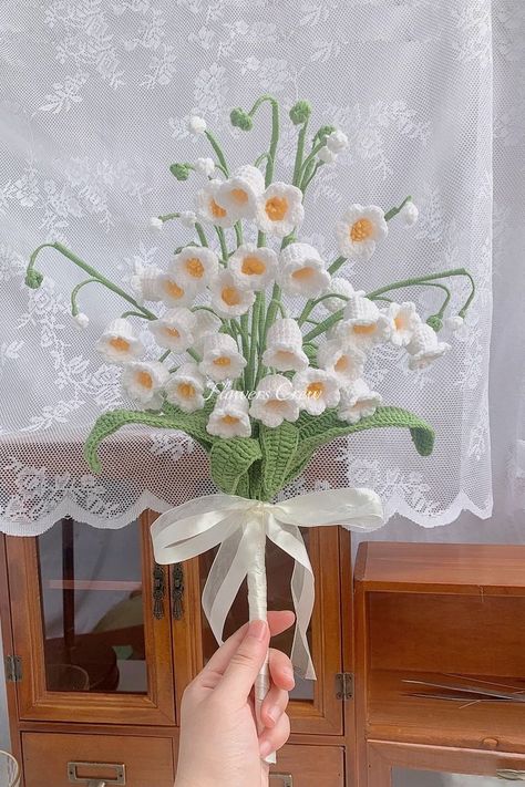 white lily of the valley Flower Bouquet For Wedding, White Lily Of The Valley, Lily Of The Valley Bouquet, Bouquet For Wedding, Romantic Aesthetic, Lily Of The Valley Flowers, Crochet Bouquet, Crochet Wedding, Crochet Business