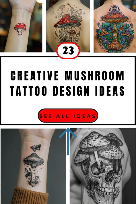 Collection of colorful and intricate mushroom tattoo designs on various body parts. Mens Mushroom Tattoo, Mushroom Back Tattoo, Happy Mushroom Tattoo, Mushroom Shoulder Tattoo, Mushroom Tattoos Trippy, Trippy Mushroom Tattoo Design, Mushroom And Flowers Tattoo, Cottagecore Tattoo Ideas, Mushroom Tattoo Design