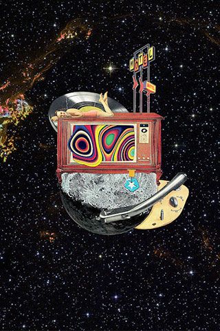 A collage showing a woman lying on a television / record player hybrid in outer space. Eugenia Loli Critical Analysis, Media Studies, Visual Culture, Mass Media, Fictional World, Light Of The World, Traditional Paintings, Visual Content, Fall 2014