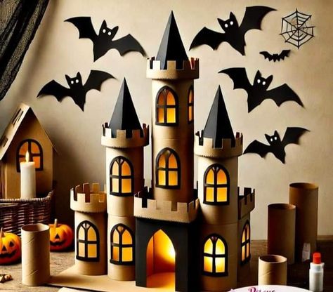 Halloween Toilet Paper Roll Crafts, Castle Crafts, Halloween Castle, Castle Ideas, Newspaper Crafts Diy, Bricolage Halloween, Halloween Photo Booth, Cardboard Rolls, Halloween Crafts For Toddlers