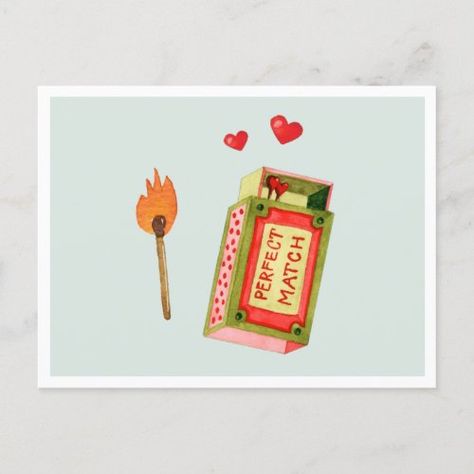 Perfect Match | Cute Watercolor Valentine for $2.01 - Valentine's Day Perfect Match Valentine Cards, Valentine Gifts Cards, Valentines Day Drawing For Boyfriend, Valentine Days Card, Artsy Valentines Cards, Valentines Day Card Illustration, Perfect Match Illustration, Valentines Day Card Handmade, Watercolor Card For Boyfriend