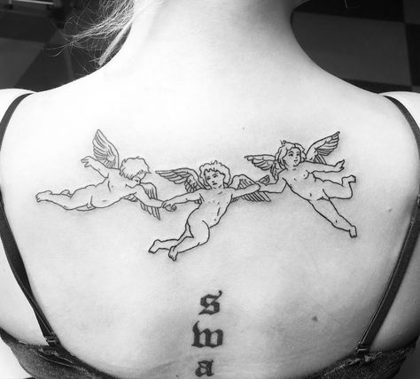 #cherub #cherubtattoo #tattoo #tattooideas #backtatto Cherub Tattoo Back, Cherubs Holding Hands Tattoo, 4 Angels Tattoo, Cherub Rib Tattoo, 3 Cherubs Tattoo, Cherub Back Tattoo, Cherub Tattoo Designs For Women, 3 Cherub Angel Tattoo, Devil Cherub Tattoo