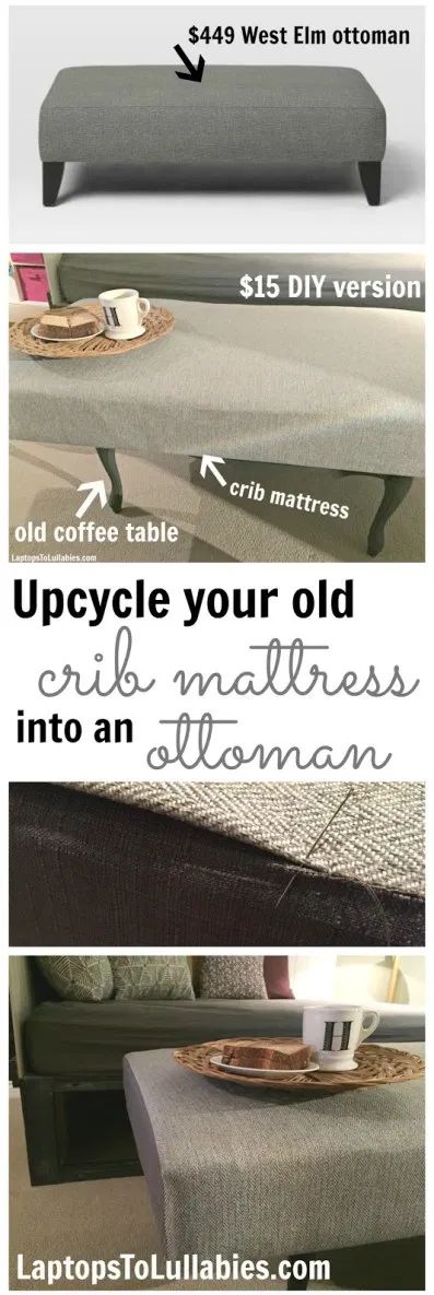 DIY crib mattress ottoman | Heather's Handmade Life Reuse Crib Mattress, Crib Mattress Repurpose, Upcycle Crib, Diy Crib Mattress, Coffee Table Upcycle, Diy Mattress, Crib Ideas, Baby Crib Diy, Old Cribs