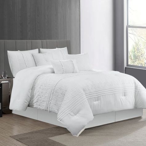 Comforter Sets for Every Budget White Bed Set Ideas, White Comforter Bedroom Ideas, White Grey Bedding, White And Gray Bedroom, White Comforter Bedroom, Grey And White Bedding, King Size Comforter Sets, White Bed Set, Embroidered Patterns