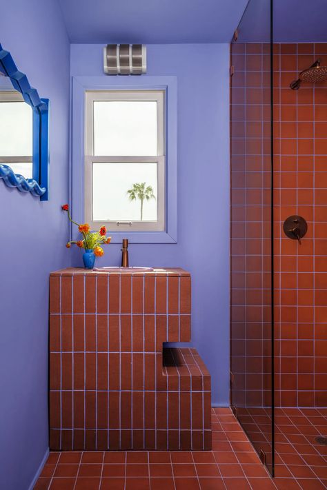 Colored Grout, Vibrant Bathroom, Bathroom Wall Colors, Bathroom Upstairs, Coloured Grout, Terracotta Tile, Yellow Bathrooms, Bathroom Color, Chic Bathrooms