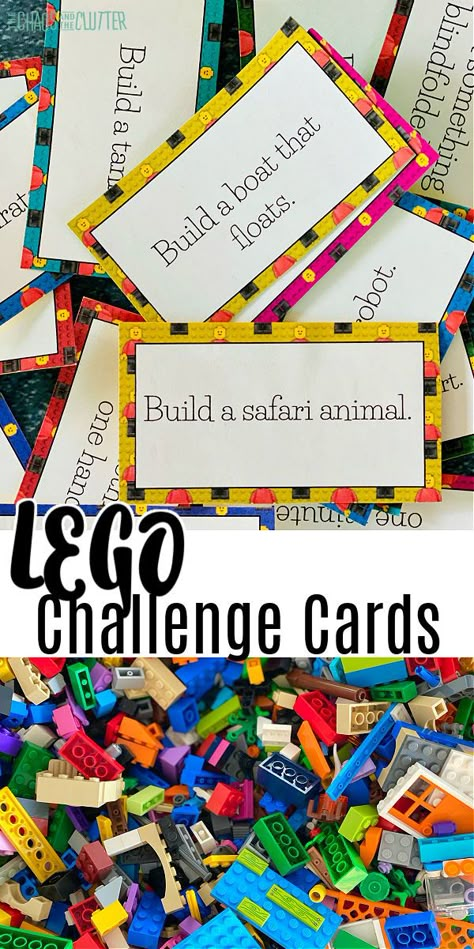 Add a twist onto your child's building blocks play with these Lego Challenge cards. Free printable cards that inspire imagination and creativity. #homeschooling #learningthroughplay #lego #play #kidsactivities Lego Stem Challenge Cards, Stem Challenge Cards Free Printable, Lego Enrichment Activities, Lego Building Contest Ideas, Spring Lego Challenge, Free Lego Challenge Cards, Lego Club Activities, Lego Therapy Free Printable, Lego Building Challenge