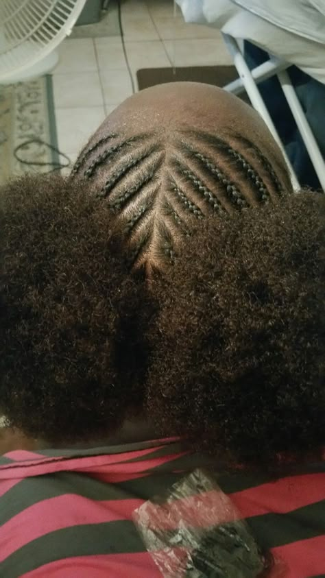 Cornrow In Two Puffs, Two Braid Puff Natural Hair, Braided Puff Hairstyles Black Women, Braided Puff Natural Hair Cornrows, Cornrow Puff Hairstyle, Cornrows With Afro Puff, Cornrow Puff, Braided Puff Natural Hair, Two Plaits Hairstyles