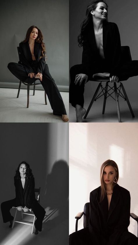 Classy Portrait Photography, Confidence Boost Photoshoot, Dark Backdrop Photoshoot, Black Suit Women Photoshoot, Portrait Shoot Ideas Studio, Button Up Photoshoot, Photoshoot Inspo Studio, Power Poses For Women, Boss Lady Photoshoot