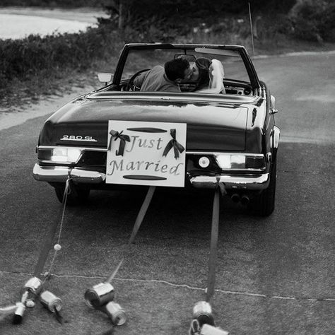 Why Do We Put Wedding Cans on the Getaway Car? Wedding Car Just Married, Cans On Car Wedding, Just Hitched Car, Just Married Getaway Car, Just Married Sports Car, Just Got Married Car, Old Car Wedding Send Off, Just Married Car Photoshoot, Just Married Old Car