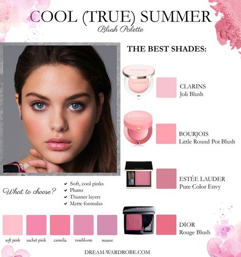 Dream Wardrobe | Personalize your makeup collection with the right colors! Get your own Cool (True) Summer Color and Style Book, the complete guide! With a… | Instagram Make Up For Cool Summer Type, Cool Summer Color Makeup, Cool Summer Color Palette Makeup Looks, Blush For Cool Summer, Cold Summer Makeup, Makeup For True Summer, Makeup For Summer Skin Tone, Cool True Summer Color Palette, Summer Cool Makeup