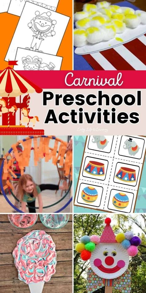 If your kids enjoy going to the carnival, they will surely be excited about these fun carnival preschool activities. With a simple step-by-step guide and materials that are easy to complete, you can focus all your energy and your kids' on having a great time while homeschooling this summer season! Carnival Preschool Activities, Carnival Preschool Theme, Carnival Preschool, Circus Theme Preschool Activities, Carnival Classroom, Preschool Circus, Circus Activities, Carnival Activities, Circus Crafts