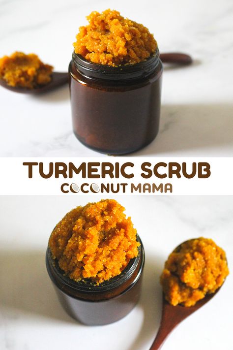 Homemade Turmeric Body Scrub, Tumeric And Coconut Oil For Skin, Diy Turmeric Body Scrub Recipe, Turmeric Salt Scrub Diy, Homemade Turmeric Scrub, Tumeric Scrub Benefits, Turmeric Brightening Scrub, Turmeric Dessert Recipes, Tumeric Lotion Diy