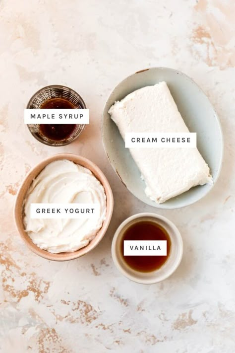 Healthy Cream Cheese Frosting Recipe, Cream Cheese Yogurt Frosting, Maple Syrup Cream Cheese Frosting, Healthy Cream Cheese Icing, Greek Yogurt Cream Cheese Frosting, Protein Cream Cheese Frosting, Paleo Cream Cheese Frosting, Healthier Cream Cheese Frosting, Healthier Frosting Recipe