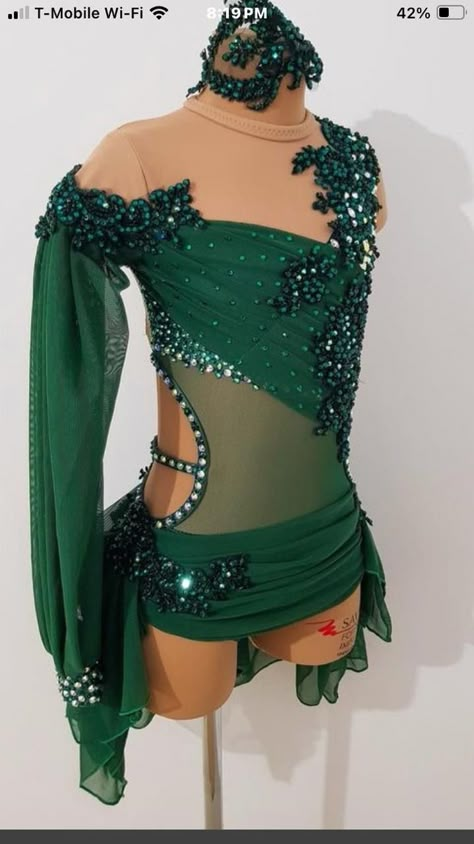 Emerald Green Lyrical Dance Costume, Custom Dance Costumes Lyrical, Green Lyrical Costume, Dance Outfits Contemporary, Freestyle Dance Outfits, Green Dance Costume, Dance Trophies, Maria Dance, Sparkly Dance Costume