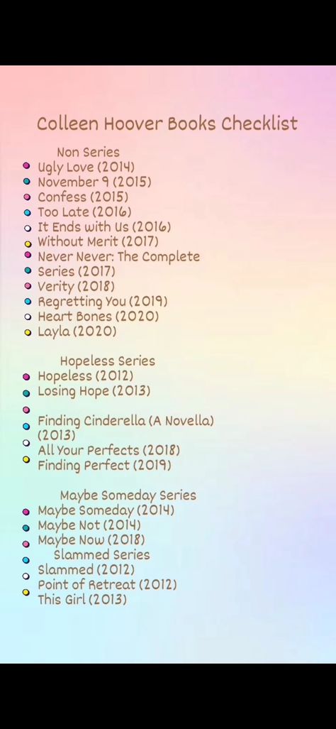 Checklist of Colleen Hoover's books Variety Colleen Hoover Book, Collen Hover Reading Order, Best Books Of Colleen Hoover, All Of Colleen Hoover Books, Coolen Hoover Books List, Colleen Hoover Books List Order, Colleen Hover Checklist, All Colleen Hoover Books List, Books Of Colleen Hoover