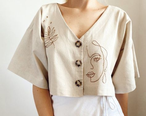 Handmade Cotton Crop Top, Unique Tops For Women, Embroidery On Shirt, Embroidered Summer Crop Top, Cotton Cottagecore Top With Embroidery, Cottagecore Floral Embroidery T-shirt For Summer, Unique Top Designs, Stylish Tops Fashion, Crop Top Design