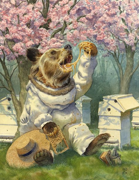 Beekeepr by Chris Dunn Illustration. A grizzly bear eats honey from his apiary. Chris Dunn Illustration, Bear Eating, Wind In The Willows, Art Mignon, Bear Illustration, Bee Art, Animal Illustrations, Art Et Illustration, Bear Art