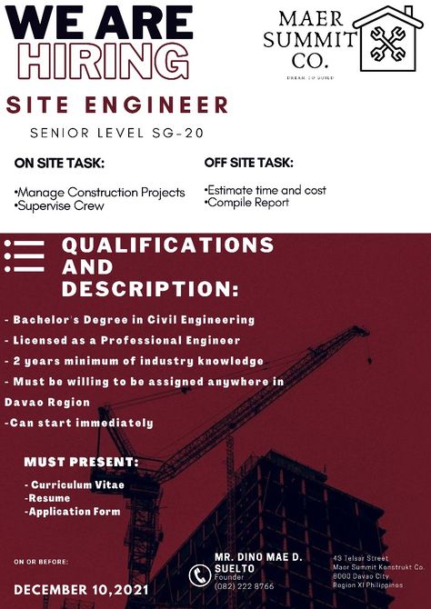 Job Advertisement Poster, Davao Region, Hiring Ad, Civil Engineering Jobs, Hiring Poster, Job Poster, Curriculum Vitae Resume, Professional Engineer, Davao City