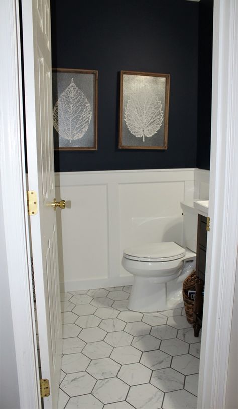 Powder Room With Slanted Ceiling, Main Floor Powder Room, Navy Blue Powder Room With Wainscoting, Batten Board Powder Room, Blue Gray Powder Room, Dark Vanity Powder Room, Lake House Powder Room Ideas, Dark Blue Master Bath, Main Floor Powder Room Ideas