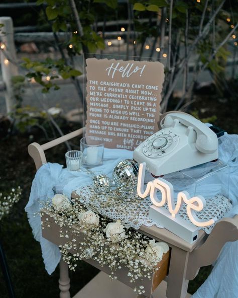 Unique Guest Book Ideas, Creative Wedding Guest Books, Wedding Phone, Table Rentals, Guest Book Ideas, Wedding Sign Decor, Audio Guest Book, Unique Guest Book, Rustic Wedding Chic