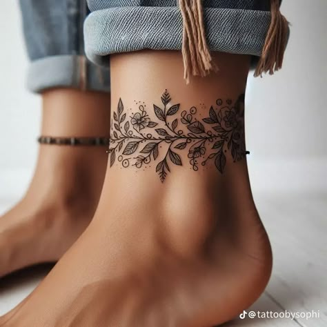 Leaf Ankle Tattoo Wrap, Anklet Tattoo Designs For Women, Rose Anklet Tattoos For Women, Ankle Charm Tattoo, Inside Of Knee Tattoo, Above The Knee Flower Tattoo, Wrap Around Ankle Tattoos For Women, Tattoo Genou, Front Calf Tattoos For Women