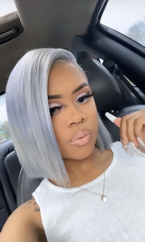 Stormy frontal bob🔥 Birthday Bob Hairstyle, Platinum Bob Black Women, Grey Bob Hairstyles Black Women, Gray Bob Wigs For Black Women, Grey Bob Wig, Blue Bob Wig Black Women, Gray Bob Lace Front Wigs, Grey Bob Lace Front Wig, Stormy Grey Frontal Wig