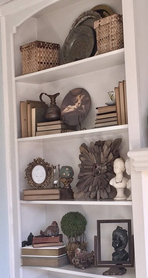 Styling Bookcases, French Bookcase, Styling A Bookcase, Alcove Shelves, Vintage Book Decor, Styling Bookshelves, Style Bookcase, Kitchen Shelf Decor, Shelf Decor Living Room