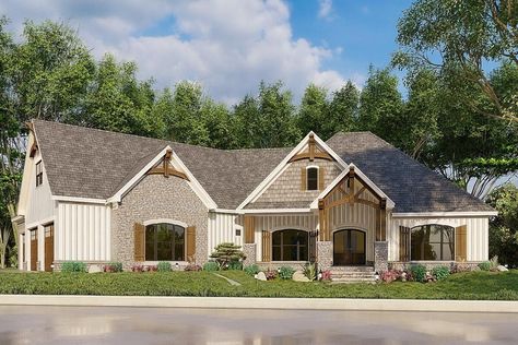 3-Bedroom 2-Story Mountain Craftsman House With Angled 3-Car Garage (Floor Plan) – HomeApricot Mountain Craftsman House Plans, Mountain Craftsman, European Style Homes, French Country House Plans, Cozy Home Office, Mountain House Plans, Country Style House Plans, European House, Craftsman House Plan