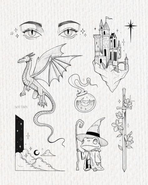 Fantasy Flash! 🧙🐸 ✨ Which one is your favourite? I’m stuck between the castle and frog! 🤔 - #tattooflash #tattooideas #torontotattoos #darkfantasy #tattoodesigns #torontoillustrator #tattooinspo Fantasy Flash Tattoo, Fairytale Tattoos, Faerie Tattoo, Twilight Tattoos, Original Tattoos, Mehndi Designs Book, The Castle, Flash Tattoo, Mehndi Designs