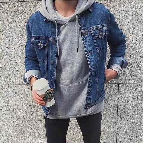 Men’s Hoodie And Jacket Outfit, Hoodie And Jacket Combo, Hoodie Jacket Combo, Blue Denim Jacket Outfit, Boys Jean Jacket, Jean Jacket Fits, Jean Jacket Hoodie, Hoodie Outfit Men, Fall Guy