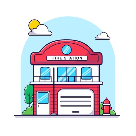 Fire Station Cartoon, Young Ones Of Animals, Vector Building, Building Vector, Cute Store, Fire Fighter, Fire Station, Design Concept, Icon Illustration