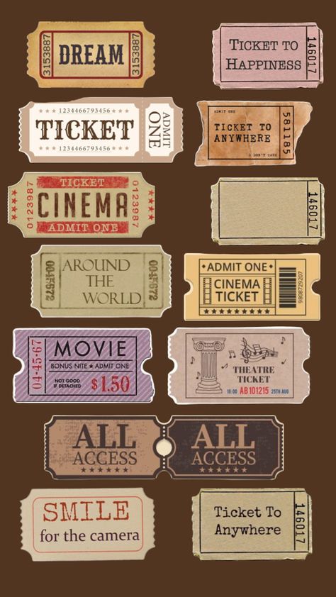 Aesthetic tickets cutouts | free illustration printable Admit One Ticket, Vintage Ticket, Scrapbook Quotes, Cinema Ticket, Emoji For Instagram, Scrapbook Printing, Free Printable Stickers, Diy Journal Books, Collage Phone Case