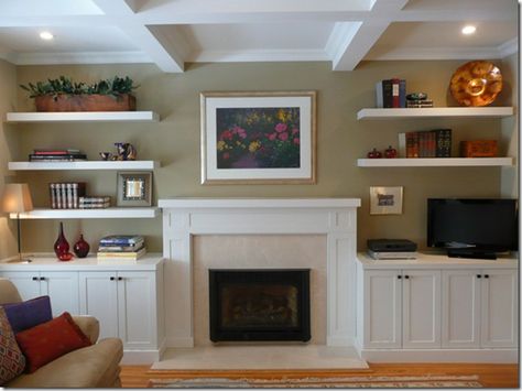 shelves and built ins on either side of the fireplace Flush Fireplace Wall Built Ins, Wall Shelves Fireplace, Flat Fireplace With Built Ins, Fireplace Mantle Shelves, Fireplace Flush With Wall Shelves, Built Ins Around Flat Fireplace, Open Shelves Bookcase, Floating Shelves Fireplace Wall, Flush Fireplace With Built Ins