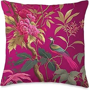 Thibaut daintree in Fuchsia Botanical Bright Chinoiserie Throw Pillow French Glam Decor, Chinoiserie Chic Bedroom, Magenta Bedrooms, Pink Guest Room, Chinoiserie Bedroom, French Glam, Big Comfy Couch, Chinoiserie Room, The Big Comfy Couch