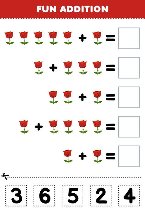 Education game for children fun addition by cut and match correct number for cute cartoon rose flower printable nature worksheet Flowers Worksheets For Kids, Flower Activities For Preschool, Flower Worksheet, Nature Worksheet, Flower Math, Toddler Journal, White Rose Maths, Cartoon Rose, Number Value