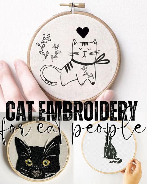 Simple Animal Embroidery Patterns, Embroidered Cats Embroidery Designs, Cat Embroidery Designs Free Pattern, Embroidered Cat Face, Cat Embroidery Pattern Free, Embroidery Cat Patterns, Cat Embroidery Simple, Cat Hand Embroidery, Funny Hand Embroidery