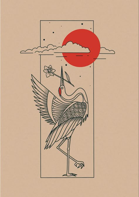 Japanese Crane Drawing, Crane Tattoo Japanese, Japanese Crane Tattoo Design, Hanafuda Tattoo, Japanese Crane Tattoo, Crane Illustration, Crane Drawing, Traditional Japanese Tattoo Flash, Red Tattoo Ideas