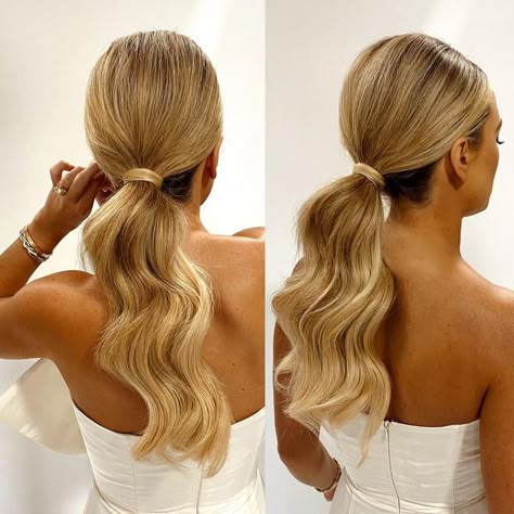 Anna Sullivan | Editorial + Bridal Hairstylist on Instagram: "WHEN TO WEAR A PONYTAIL ✨ - your next holiday party - date night - to see family on Christmas day - when you’re a wedding guest - going out on NYE - staying in on NYE never a wrong time to throw your hair back. I always wrap a piece of hair and pin it to the base of the ponytail to make it a little fancier. I’ve been loving my ponytails sleek, but keep some face-framing pieces out for a softer, less *up* look! #annasullivanhair # Slick Back Ponytail Wedding, Sleek Ponytail Updo, Sleek Bridal Ponytail, Low Pony Wedding Hair, Bridal Hair Ponytail, Ponytail Hairstyles For Wedding, Ponytail Bridal Hair, Bridal Ponytail, Bridesmaid Hair Inspo