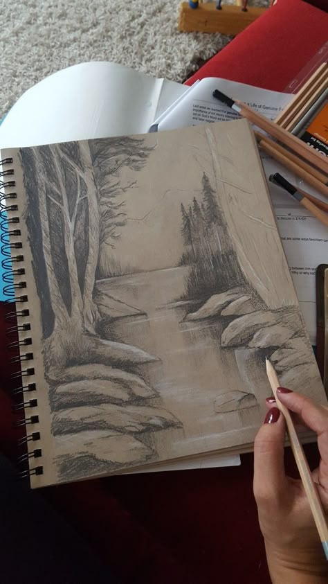 Pencil drawing Forrest river Nature Shading Drawing, River Pencil Drawing, Forest River Drawing, River Sketch Simple, River Drawing Pencil, How To Draw A River, River Drawing Simple, River Landscape Drawing, Forest Scenery Drawing