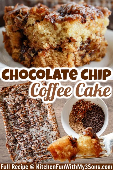 This Chocolate Chip Coffee Cake is so moist and delicious! Perfect for breakfast with a hot cup of coffee and so simple to make. Chocolate Chip Coffee Cake, Breakfast With Coffee, Crumb Cakes, Breakfast Cakes, Chocolate Cake With Coffee, Coffee Bread, Coffee Cake Muffins, Dessert Cakes, Sour Cream Coffee Cake