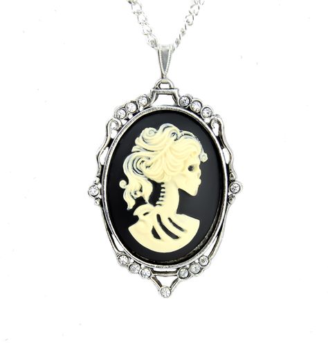 - Skeleton Cameo Necklace - Very Detailed w/ Swarovski Crystals - Antique Silver… Lady Skeleton, Pirate Necklace, Sugar Skull Necklace, Skull Pirate, Sugar Skull Jewelry, Earrings Goth, Skeleton Necklace, Steampunk Pirate, Goth Baby