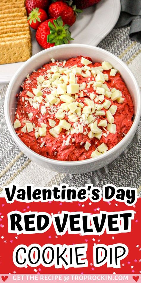 valentine's day dessert: red velvet cookie dip or red velvet fruit dip. Red Velvet Dip, Cookie Dip, Cream Cheese Dip, Dip Tray, Red Velvet Cookies, Valentines Day Desserts, Dessert Dips, Valentine's Day Recipes, Recipe Boards