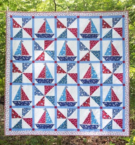 Sailing Sailboat Quilt Pattern | Craftsy Sailboat Quilt, Nautical Baby Quilt, Boat Quilt, Boys Quilt Patterns, Nautical Quilt, Childrens Quilts, Baby Quilt Patterns, Quilt Care, Baby Boy Quilts