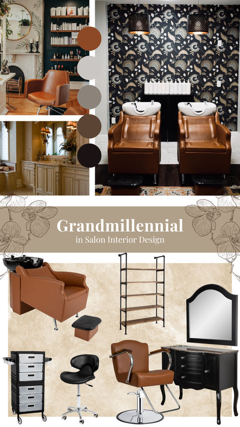 Mood board inspired by the "Grandmillennial" style in salon interior design. 2024 Salon Trends, Hair Salon Mood Board, Vintage Beauty Salon Posters, Saloon Wallpaper Hair Salons, Vintage Hairsalon Retro, Granny Chic Decor, Minerva Beauty, School Trends, Hair Salon Decor