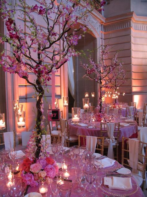 Pink Venue For Wedding, Pink Venue Party, Cherry Blossom Quince Theme, Red Cherry Blossom Quinceanera Theme, Quinceanera Color Schemes Pink, Cherry Blossom Themed Quinceanera, Flower 15 Theme, Pink Roses Themed Birthday Party, Cherry Blossom 15 Theme