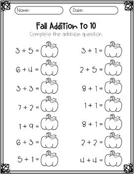 Fall addition within 10 worksheet | Adding within 10 | TPT First Grade Math Homeschool, Fall Homeschool Worksheets, Adding Within 10, Thanksgiving Addition Kindergarten, 1st Grade Addition Worksheets, Fall Worksheets For 1st Grade, Fall Activities For 1st Grade, October Math Activities, First Grade Math Activities