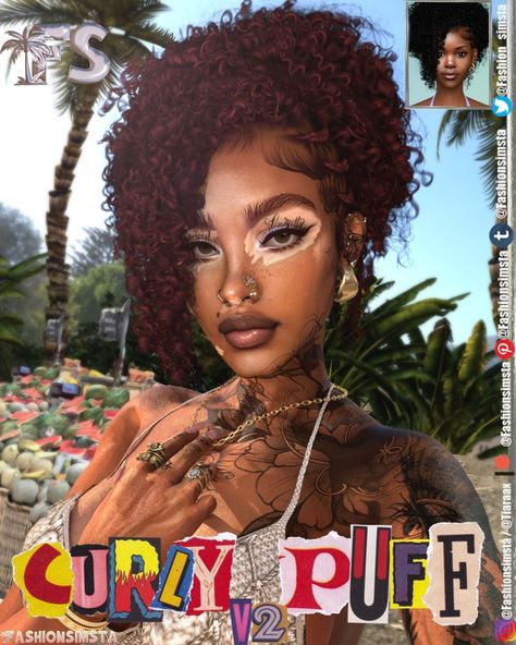 Afro Hair Sims 4 Cc, Curly Puff, Sims 4 Curly Hair, Sims 4 Tattoos, Sims 4 Black Hair, Sims 4 Cas Mods, Sims 4 Cc Kids Clothing, Play Sims 4, Pelo Sims